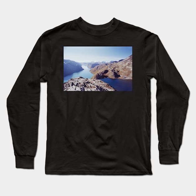 Lake and Mountain Landscape in Scandinavian National Park Long Sleeve T-Shirt by visualspectrum